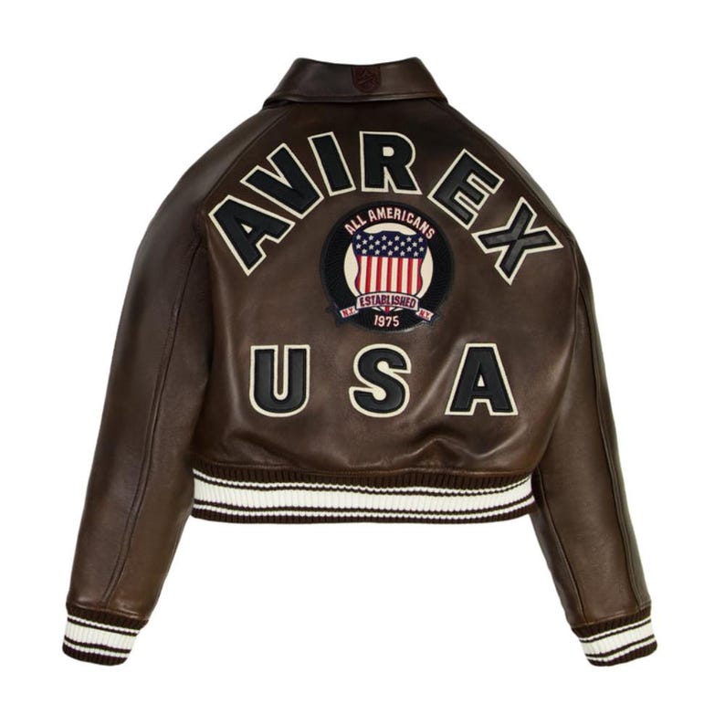 May include: A brown leather jacket with the word "AVIREX" across the shoulders and "USA" below. The jacket has a patch with the American flag and the words "ALL AMERICANS ESTABLISHED 1975". The jacket has white and brown striped cuffs and waistband.