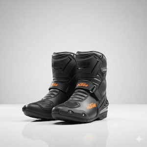 Könnte beinhalten: Paar schwarze Motorradstiefel mit orangefarbenen Akzenten. Die Stiefel haben ein hohes Design mit mehreren Schutzpaneelen, verstellbaren Riemen und dem KTM-Logo. Die Stiefel scheinen aus Leder oder einem ähnlichen synthetischen Material zu bestehen.