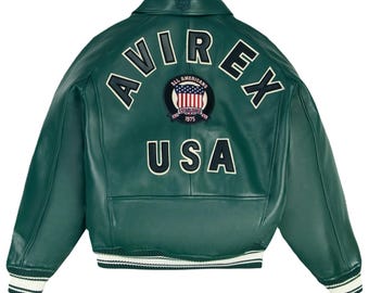 Chaqueta bomber Avirex Icon verde hecha a mano: chaqueta de aviador de piel de vaca
