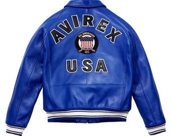 Handmade Blue Avirex Leather Bomber Jacket – Retro Aviator Style
