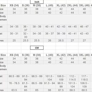 May include: A clothing size chart displaying measurements in both inches and centimetres. The chart details jacket sizes, UK and US sizes, chest, waist, and sleeve measurements, ranging from XS (34) to 4XL (48).