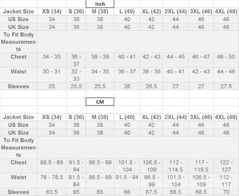 May include: A clothing size chart displaying measurements in both inches and centimetres. The chart details jacket sizes, UK and US sizes, chest, waist, and sleeve measurements, ranging from XS (34) to 4XL (48).