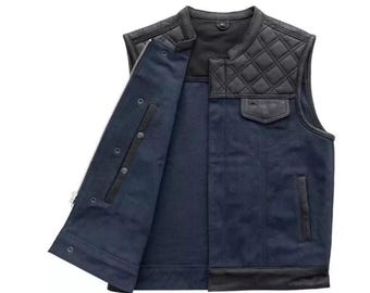 Handgemaakt bikervest voor heren | Hunt Club leren ruiten gewatteerd ontwerp | Motorvest in denimstijl Duurzaam, stijlvol, clubkleding