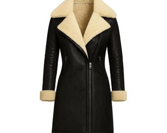 Women’s Black Shearling Leather Biker Jacket | Genuine Sheepskin Fur Lined Aviator Coat | Handmade Winter Outerwear