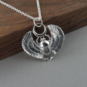 Sterling Silver Scarab Beetle Necklace, Large Egyptian Pendant Amulet Jewelry Gift