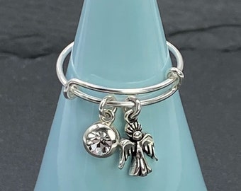 Angel and Crystal Adjustable Charm Ring, 925 Sterling Silver Christian Jewelry Gifts