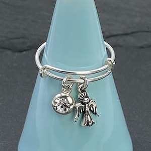 Angel and Crystal Adjustable Charm Ring, 925 Sterling Silver Christian Jewelry Gifts
