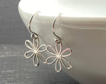 Silver Daisy Earrings, Small, Dangle Flower Earrings, Hook Earwires: Floral Jewelry Gifts