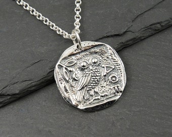 Silver Athena Owl Necklace Ancient Coin Replica Gifts for Her, Small Rustic Greek Mythology Athena Pendant