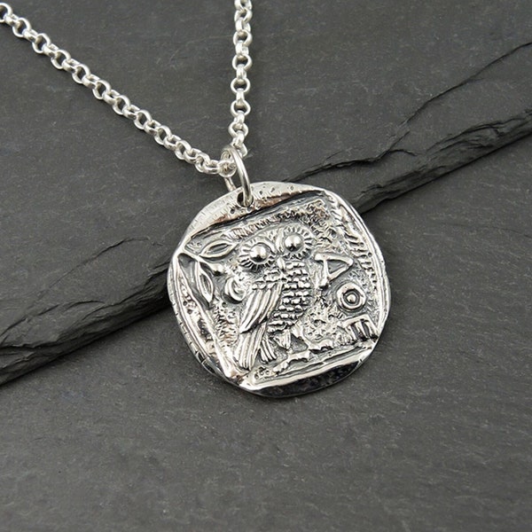 Collier hibou Athéna en argent, réplique de pièce de monnaie ancienne, cadeaux pour elle, petit pendentif Athéna de la mythologie grecque rustique