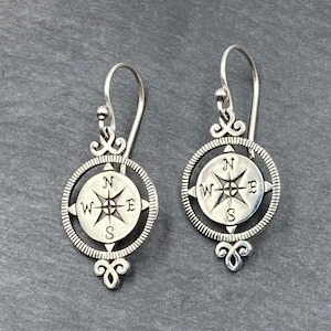 Sterling Silver Compass Rose Dangle Earrings, Nautical Jewelry Gift