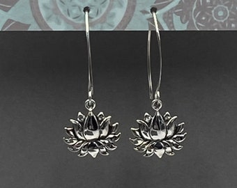 Sterling Silver Lotus Flower Earrings for Women, Long Dangling Drop Yoga Earrings, Silver Lotus Dangle Earrings