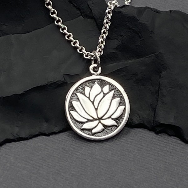 Sterling Silver Lotus Flower Necklace Jewelry Gifts for Women, Circle Etched Lotus Coin Pendant Necklace, Silver Everyday Necklaces