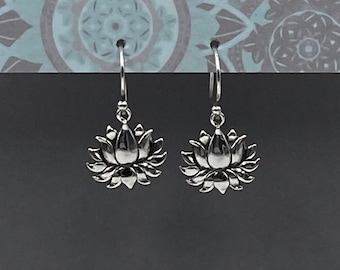 Yoga Gifts Lotus Flower Earrings Silver Dangle Earrings, Jewelry Gifts