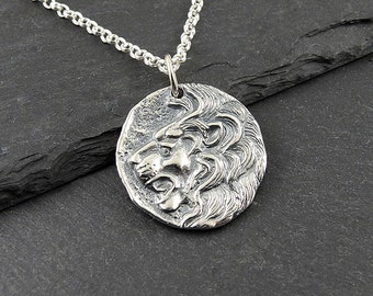 Sterling Silver Lion Necklace Ancient Greek Coin Replica, Lion Pendant Zodiac Jewelry Gifts for Men and Women