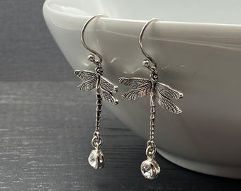 Silver Dragonfly Earrings with Crystal Stone, Long Big Dragonfly Drop Earrings Jewelry Gifts for Women