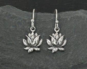 Sterling Silver Tiny Lotus Flower Earrings for Women, Small, Hook Earwires