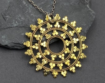 Mandala Pendant Necklace, Bronze Gold Sun Mandala, Gold Bohemian Pendant, Mixed Metal Necklace