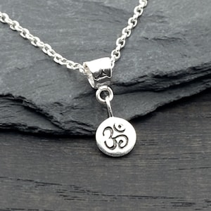 Tiny Om Necklace in Sterling Silver, Dangle Ohm Pendant, Buddhist Yoga Jewelry Gifts for Women