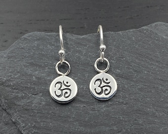 Sterling Silver Om Dangle Earrings, Tiny Ohm Earring, Yoga Jewelry Gift
