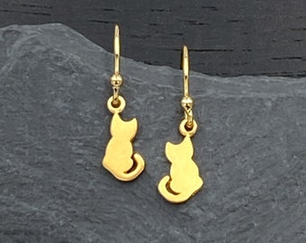 Gold Cat Earrings Dangle 24K Gold Earrings with Hook Earwire, Cute Dangly Cat Lover Gift Ideas
