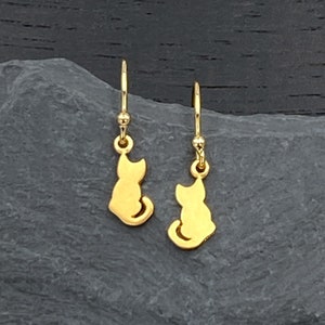 Gold Cat Earrings Dangle 24K Gold Earrings with Hook Earwire, Cute Dangly Cat Lover Gift Ideas