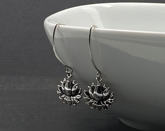 Dangle Lotus Earrings Silver, Yoga Jewelry Gifts for Women, Lotus Flower Drop Earrings Sterling Silver