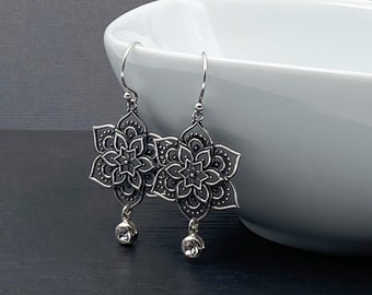 Sterling Silver Mandala Earrings, Crystal Dangle, Boho Bohemian Jewelry Gift