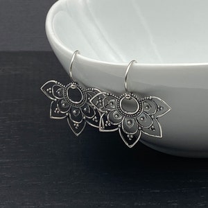 Silver Mandala Earrings for Women, Lightweight Filigree Dangle Earrings, Yoga Jewelry Gift