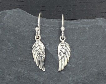 Small Silver Angel Wing Earrings for Women, Sterling Silver Dangle Dangly Charm Earrings