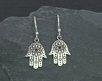 Silver Hamsa Earrings for Women, Evil Eye Jewelry Gifts Hand Of Fatima, Petite Silver Dangle Earrings