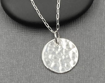 Hammered Sterling Silver Disc Necklace, Round Circle Pendant, Minimalist Jewelry