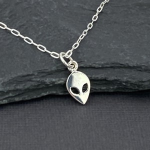 Silver Alien Charm Necklace in Sterling Silver for Women, Small Tiny Alien Charm, UFO Jewelry Gifts Ideas