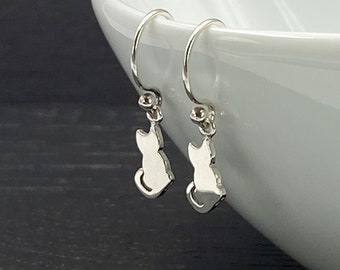 Silver Cat Earrings for Women, Dangling Dangle Cat Earrings, Cat Lover Jewelry Gifts for Her