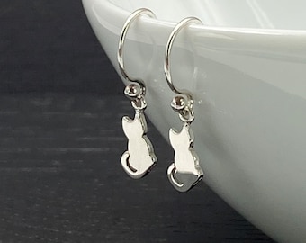 Sterling Silver Tiny Cat Dangle Earrings: Kitty Lover Gift