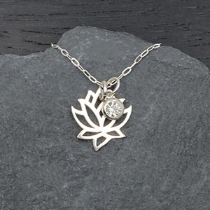 Lotus Necklace Sterling Silver with Crystal Charm Dangle, Lotus Flower Jewelry, Yoga Gift Ideas for Women