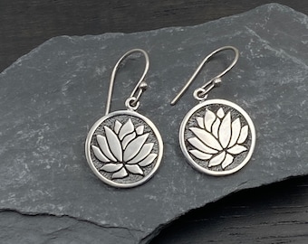 Lotus Earrings for Women, Silver Round Flower Dangle Drop Earrings, Yoga Jewelry Gifts