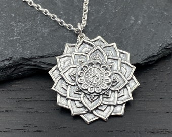 Silver Mandala Lotus Necklaces for Women Boho Zen Jewelry, Large Silver Mandala Flower Pendant Yoga Gifts for Her