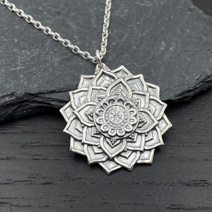 Silver Mandala Lotus Necklaces for Women Boho Zen Jewelry, Large Silver Mandala Flower Pendant Yoga Gifts for Her
