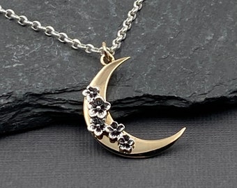 Crescent Moon Mixed Metal  Necklace, Cherry Blossom Flowers, Celestial Jewelry Gift