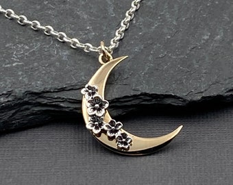 Bronze Crescent Moon and Silver Cherry Blossom Necklace for Women, Mixed Metal Silver and Gold Necklace, Crescent Moon Jewelry