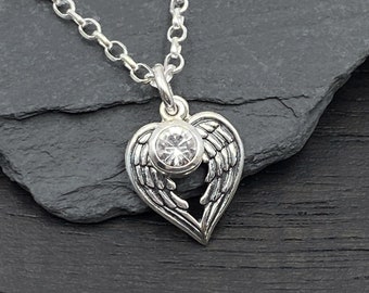 Silver Angel Wing and Diamond Charm Necklace for Women, Memorial Remembrance Jewelry Gifts for Her