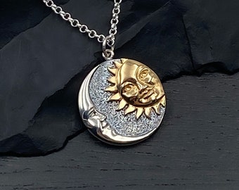Mixed Metal Sun and Moon Pendant Necklaces for Woman in Bronze Gold and Sterling Silver, Gold and Silver Round Moon and Sun Jewelry Gifts