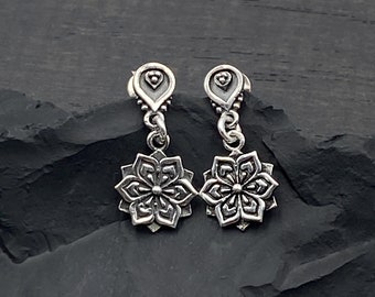 Silver Mandala Flower Earrings for Womens Gift for Her, Stud Post Dangle Earrings, Yoga Jewelry Gifts
