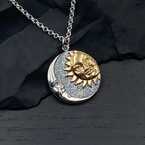 Mixed Metal Sun and Moon Pendant Necklaces for Woman in Bronze Gold and Sterling Silver, Gold and Silver Round Moon and Sun Jewelry Gifts