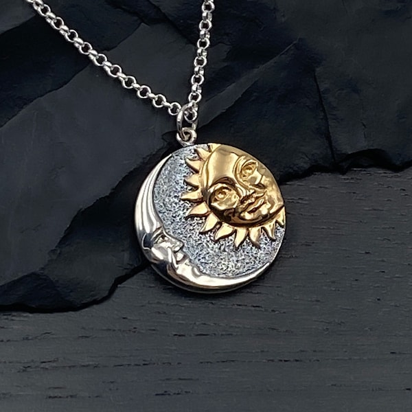 Colliers pendentif soleil et lune en métal mélangé pour femme en bronze or et argent sterling, cadeaux de bijoux ronds lune et soleil en or et argent