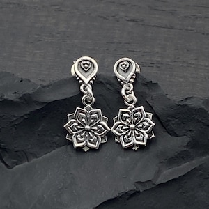 Silver Mandala Floral Post Dangle Earrings, Bali Teardrop, Yoga Jewelry Gift for Women