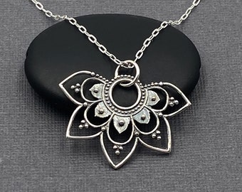 Mandala Necklace Silver Boho Necklace | Unique Bohemian Yoga Jewelry Gifts for Her, Mandala Flower Pendant