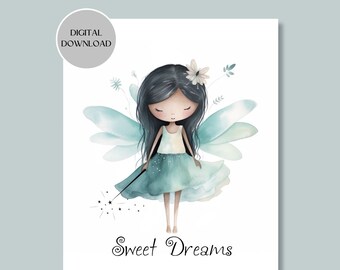 Sweet Dreams Little Girl Fairy Nursery Art Prints, Fairy Printable Wall Art Digital Download, Nursery Art for Girls with Black Hair