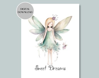 Watercolor Fairy Girl Printable Art with Sweet Dreams Saying Nursery Wall Art Decor, Teal Blue Little Girls Bedroom Art Prints